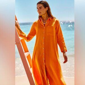 J. Jill Orange Midi Linen 3/4 Sleeve Shirt Dress Medium